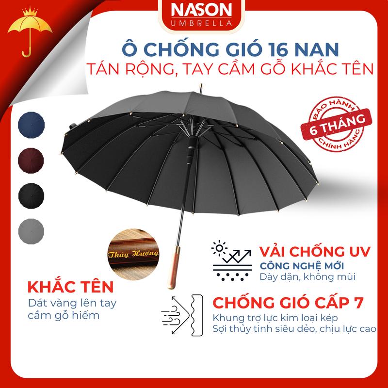 Ô dù tán rộng che nắng mưa H27 NASON 16 nan khắc tên lên tay cầm gỗ chống lật trong gió to che 2 3 người