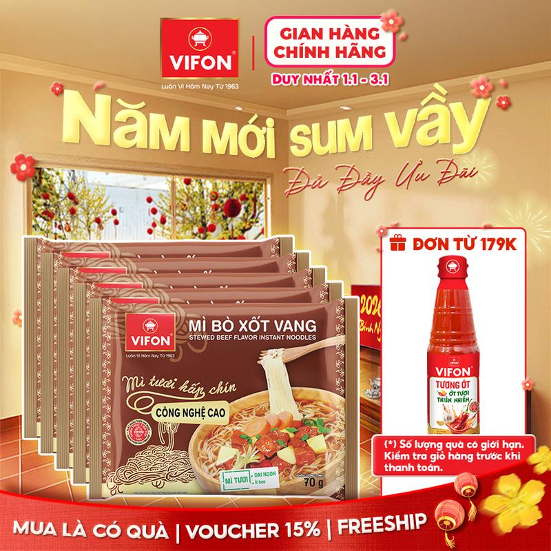 VOUCHER HOT 15% Set 5 Set 10 gói Mì Tươi Bò Xốt Vang Thịt Bằm Tôm Chua Cay VIFON 70gr Gói