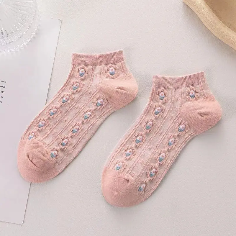 Kaos Kaki Wanita Korean Fashion Motif Flower Warna Pink Semata Kaki - KK1434 Ankle 3