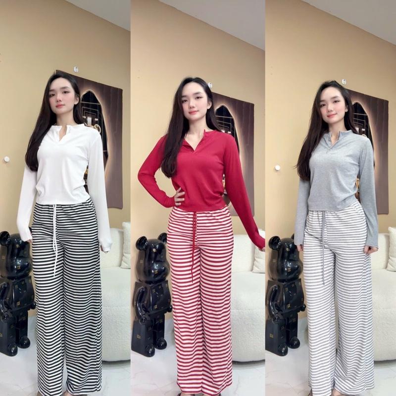 Q7 Set quần ống xuông sọc to + áo tay dài nút form 40-58kg mang di chơi cà phê thoải mái