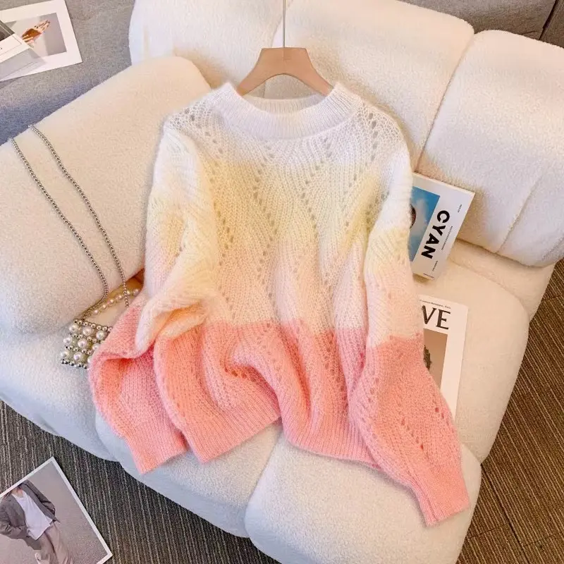 Sweater Rajut Wanita Rainbow Pelangi Lengan Panjang Pullover Leher Bulat Korea 2