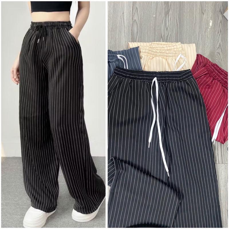 Quần dài kẻ sọc caro dáng suông ống rộng hack dáng dây điều chỉnh thoải mái phong cách năng động