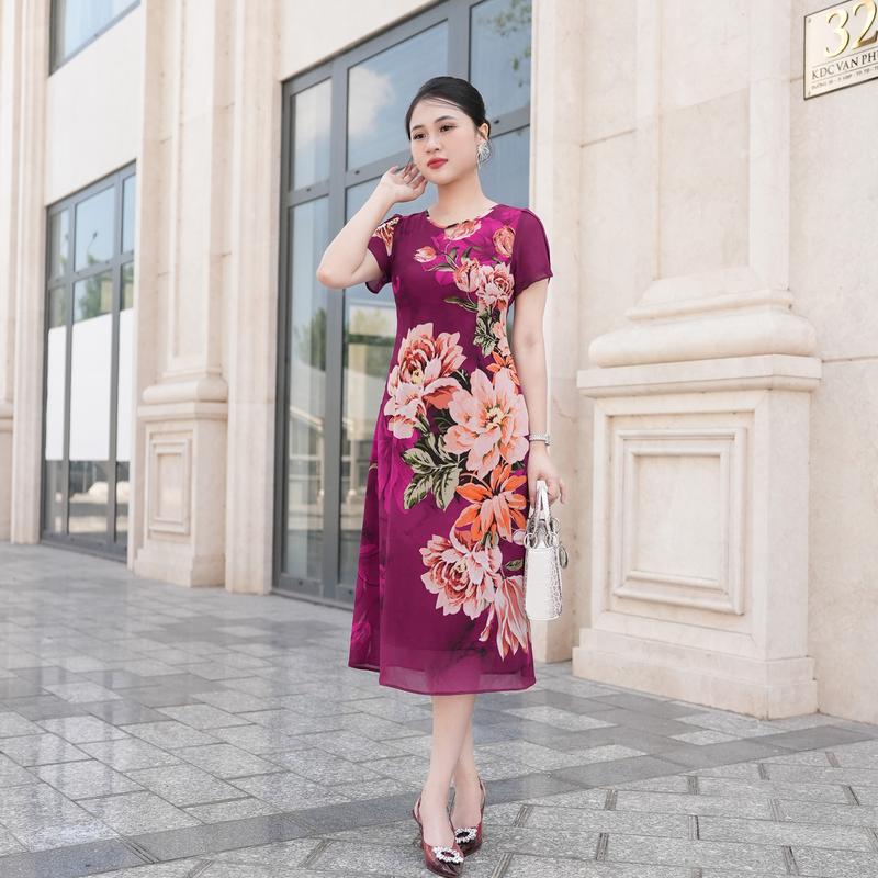 Đầm Trung Niên Dáng Dài [ Linh Trà ] (TM 1968) Cao Cấp Vải Voan Tay Lỡ Đi Làm Đi Chơi Đi Tiệc Đa Dụng Cho Các Quý Bà