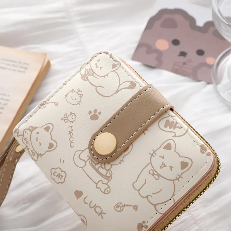 Dompet wanita resleting karakter cat kucing kartun Dompet pendek kancing bahan kulit PU import jepang estetik Dompet lipat untuk kartu koin uang fashion Wallet leather double fold cantik korean style terbaru anti air Kado hadiah gift 3