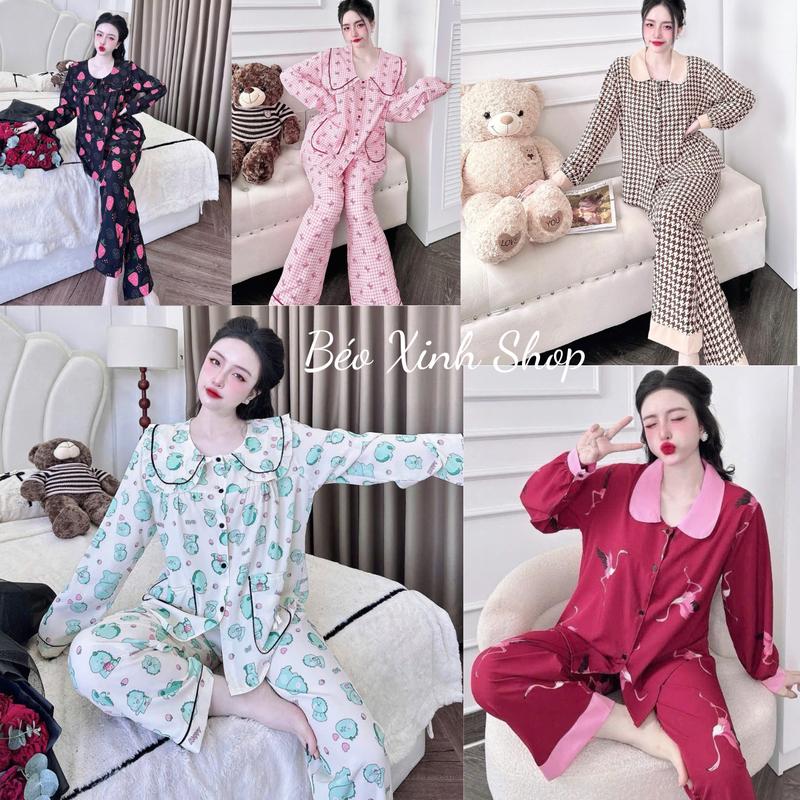 Đồ Bộ - Đồ Ngủ Tay Dài Pijama Bigsize 50-100kg Vải Lụa Nhật Cổ Bèo Tiểu Thư Nữ Áo Quần Ngủ - A.5622