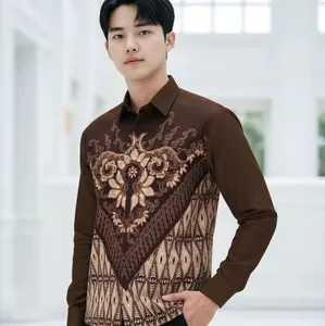 coklat mahogani kemeja batik pria slimfit premium lengan panjang lapis furing motif BIMA MAHOGANI bahan katun halus premium tebal