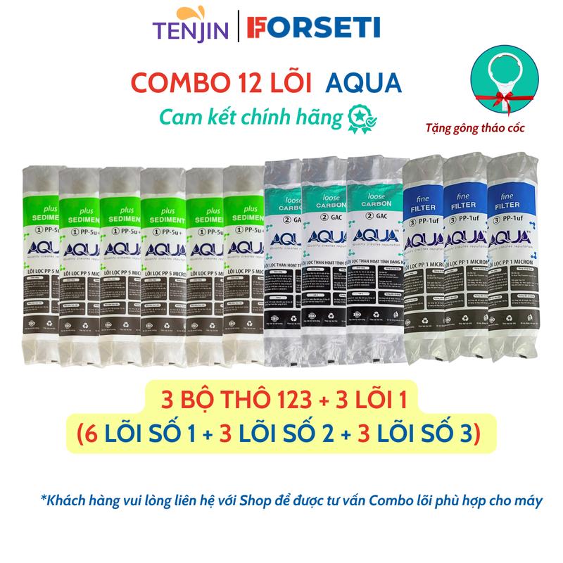 Bộ 12 Lõi Lọc Nước AQUA Cốc 10 Inch gồm 6 Lõi 1 + 3 Lõi 2 + 3 Lõi 3 - Tặng Kèm Gông Tháo - Bộ Lõi Lọc Nước Thô 123 Thay Thế Cho Máy Lọc Nước RO