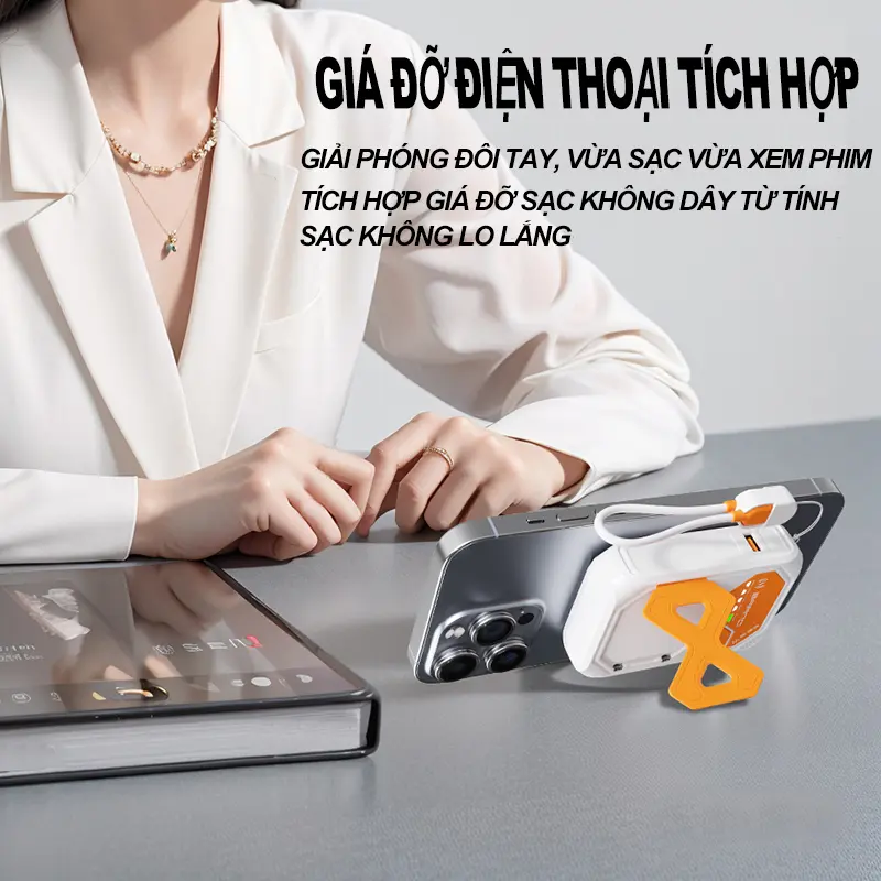 【Dau Dau x AxeElectronics】Sạc dự phòng đa năng, 10000mAh, sạc từ tính, cáp sạc Type-C / Lightning Có Thể Tháo Rời phích cắm gấp AC tích hợp, chân đế điện thoại tích hợp, sạc nhiều thiết bị cùng một lúc, bao gồm sạc dự phòng, cáp sạc và hướng dẫn sử dụng 3