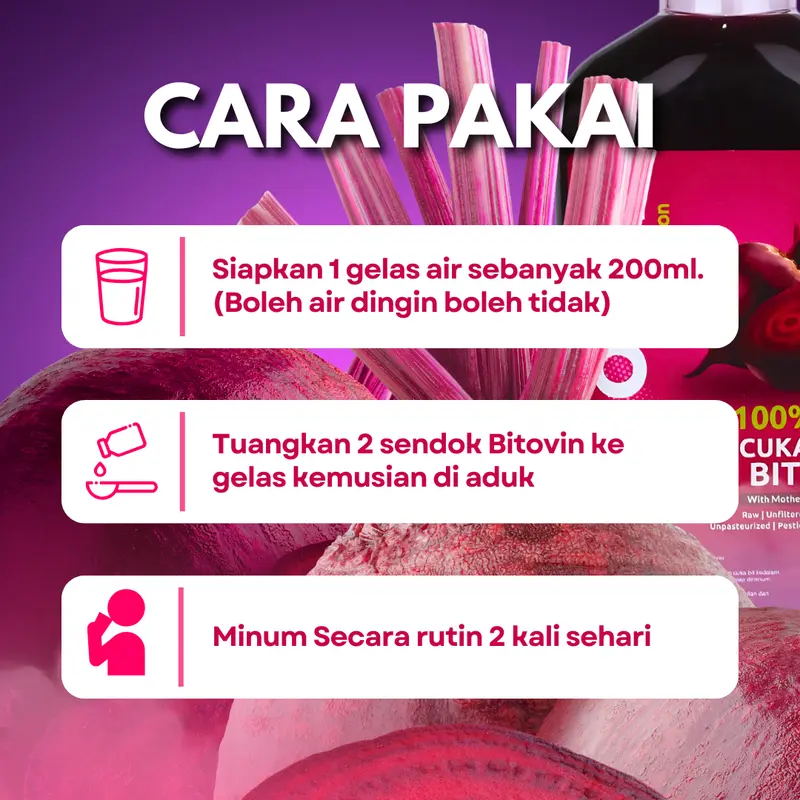 3 Botol BITOVIN Cuka Buah Bit Murni 300ml - Superfood untuk Menjaga Kesehatan Jantung dan Tekanan Darah Normal - Probiotik 3