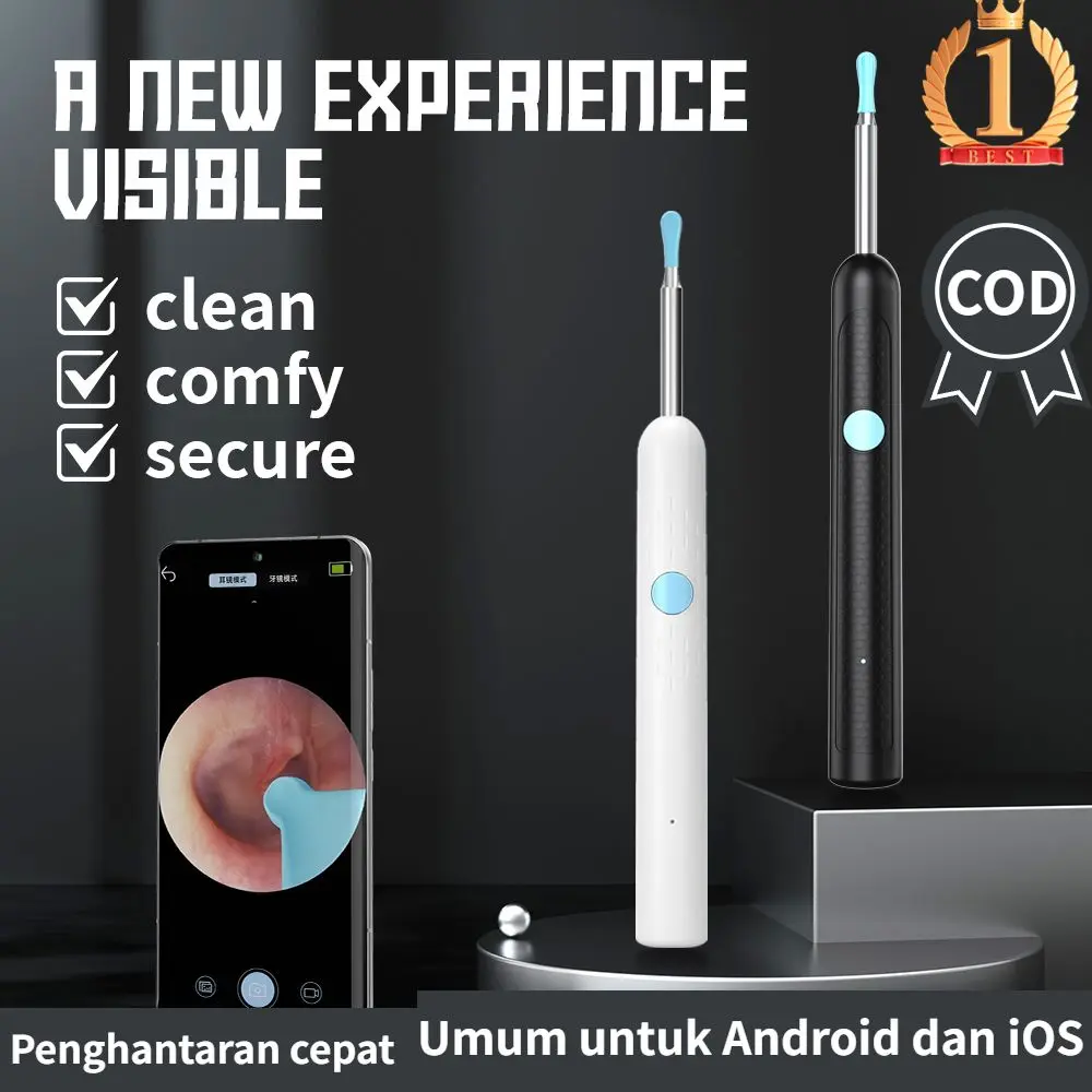 QY COD 【Harga Promosi】【Stok Tersedia】Pembersih Telinga Nirkabel LED dengan Koneksi WiFi dan Sendok Telinga Berkualitas Tinggi untuk Bayi dan Dewasa. Dapat Dilihat Melalui HP, Warna Hitam, Non-Medis.