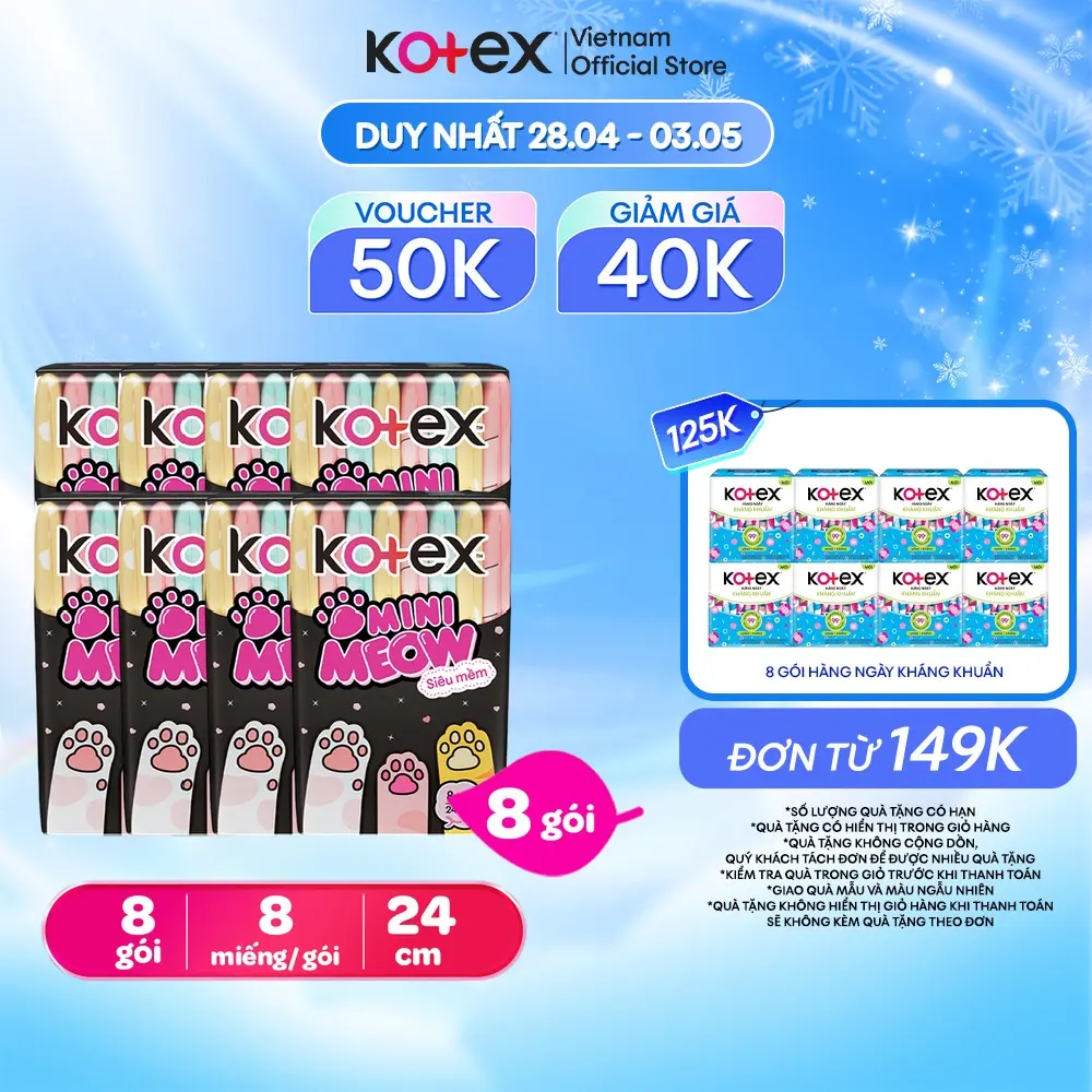 Lốc 8 Băng vệ sinh Kotex MiniMeow Siêu mềm siêu mỏng cánh 8 miếng