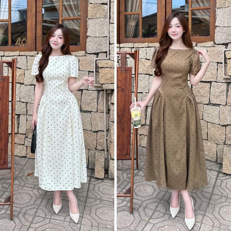 [Có Bigsize] TTP101 Váy Liền Chấm Bi Bo Eo Tôn Dáng Cổ Ngang Tay Bồng Xòe Sang Chảnh Mặc Đi Chơi Đi Làm Dự Tiệc