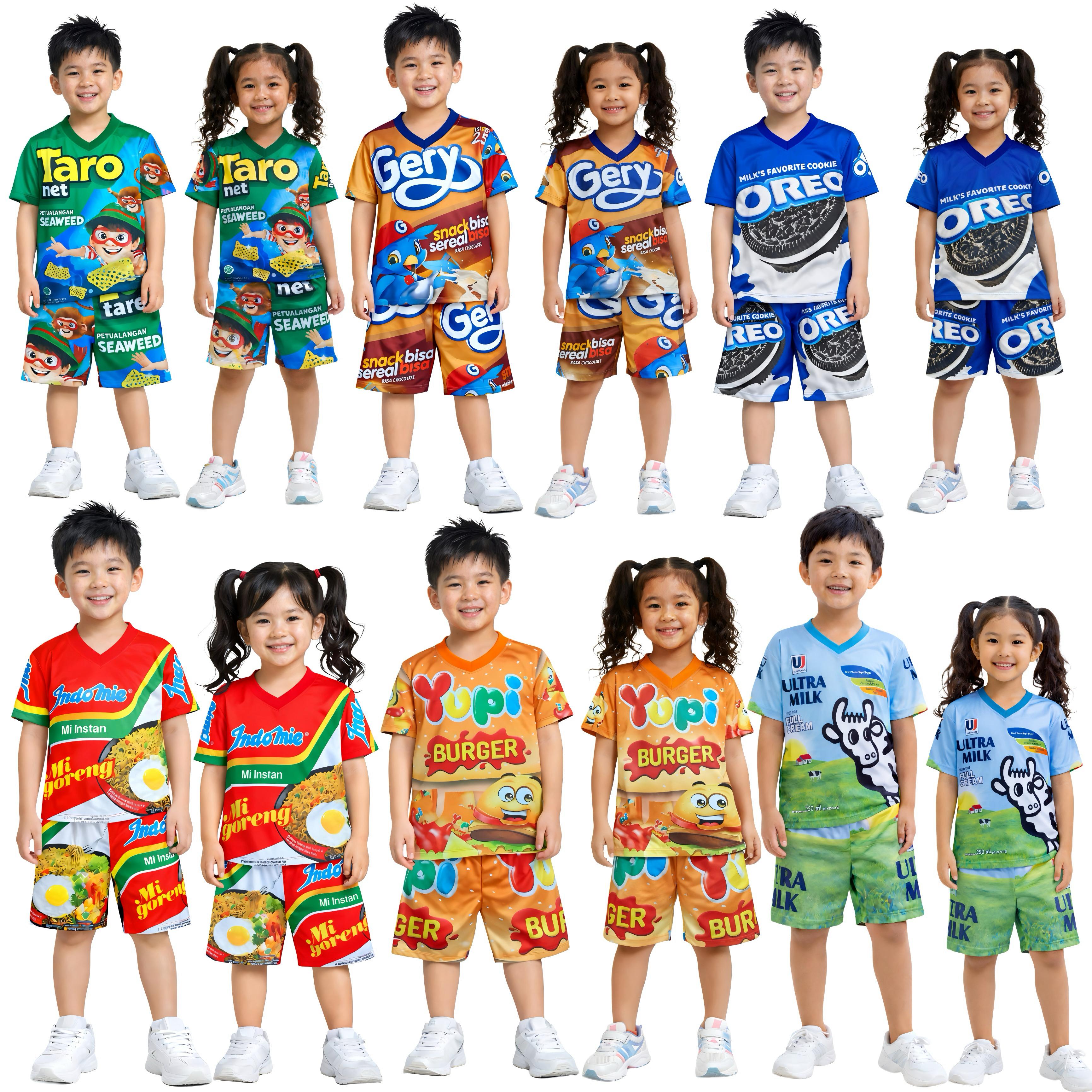 Setelan Anak Jersey Milano printing Motif Snack Indomie, Oreo, Ultra Milk, Yupi, Taro / Baju Anak Jersey Milano Printing Viral