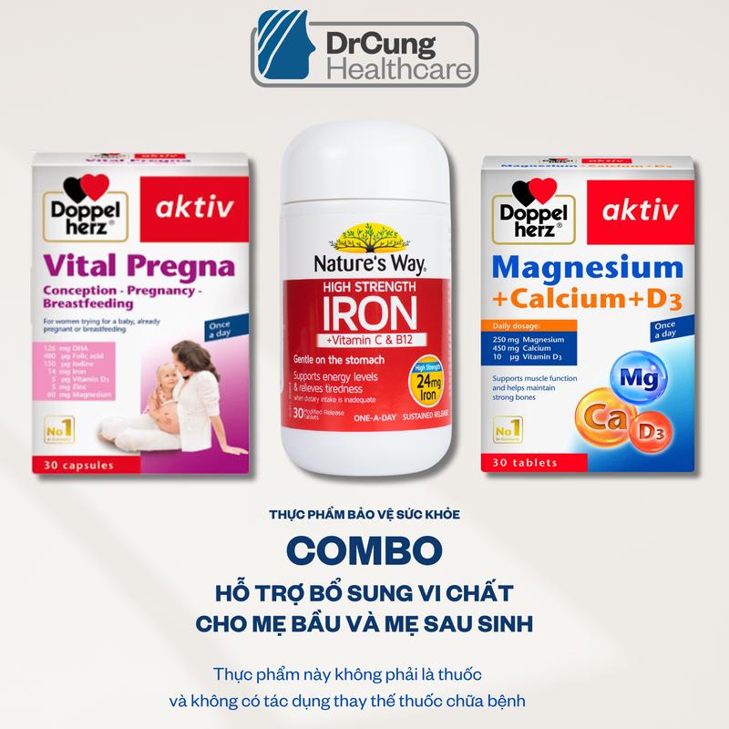 TPBVSK Combo 3 sản phẩm gồm Doppelherz Vital Pregna 30 viên Nature's Way High Strength Iron+Vitamin C và B12 Lọ 30 viên Magnesium+Calcium+D3 Hộp 30 viên Hỗ trợ bổ sung vitamin sắt canxi cho mẹ bầu và sau sinh