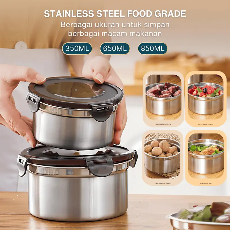 Kotak Makan Stainless Anti Bocor Anti Bau - [BULAT] Tempat Makan Toples Foodgrade dengan Penutup Klip - Kitchenware 1