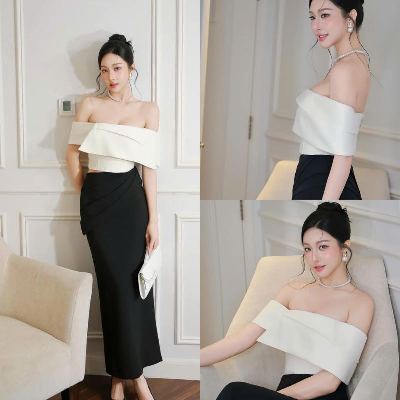 G78 Set áo và chân váy áo tacta trễ vai phối chân váy dài may li chéo