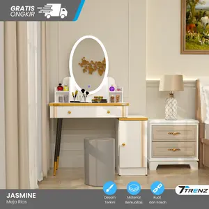 Trenz Furniture - Meja Rias Jasmine Kaca Oval Led Meja Rias Minimalis Multifungsi Include Kursi