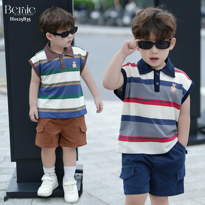 Bộ sát nách bé trai thêu Gấu Bernie kẻ nhiều màu bắt mắt - Bộ hè bộ cộc tay bé trai 9-26kg- H0125B35