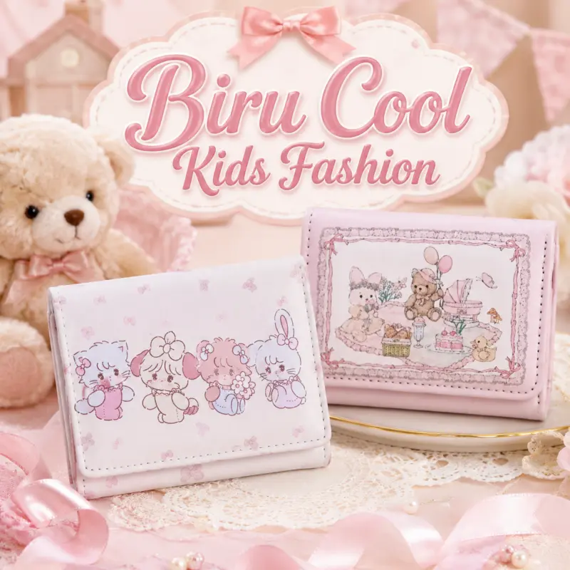 Biru Cool Kids Fashion Dompet Pelajar Lipat 3 Anti Magnetik Banyak Slot Kartu Gesper Magnetik Dompet Koin Mini Lucu