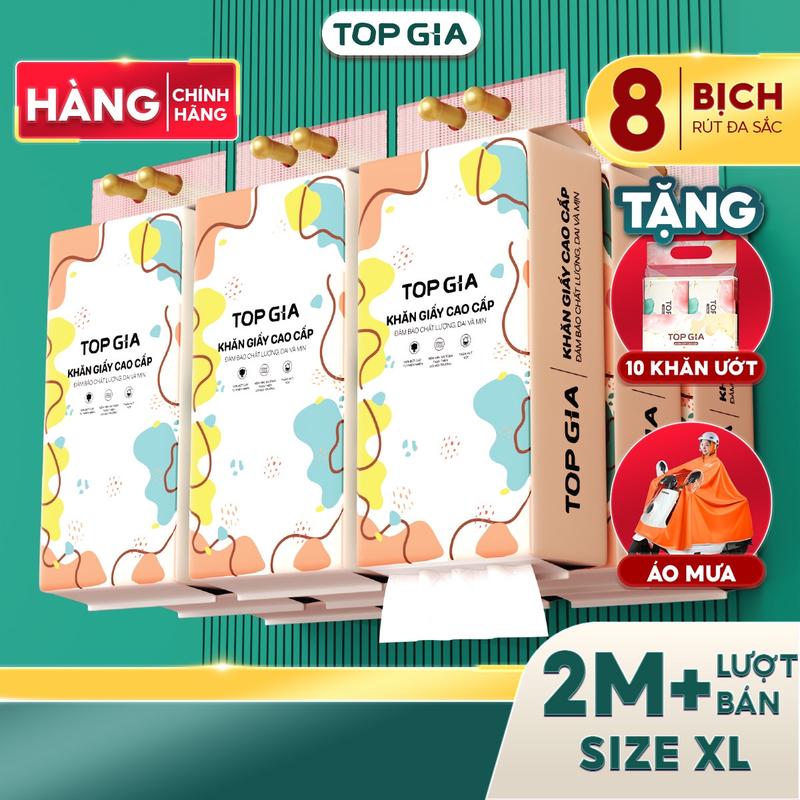 (TẶNG KHĂN ƯỚT+ÁO MƯA) Combo 8 Bịch Khăn Giấy CỠ ĐẠI Rút Đa Sắc Cao Cấp TopGia TẶNG áo mưa, TẶNG 10 bịch khăn ướt mini giấy rút đa năng treo tường, Giấy ăn mềm mịn 4 lớp không bụi mịn ĐẠT QUY CHUẨN CỦA BỘ CÔNG THƯƠNG (SIZE XL - PREMIUM) (LHN)