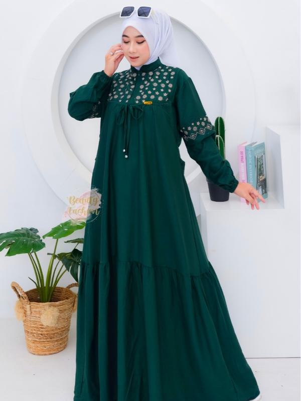 Gamis Bordir Wanita LYLYA Mat Polo Linen Premium Terbaru Busui Friendly Dress Motif Model Kekinian 1