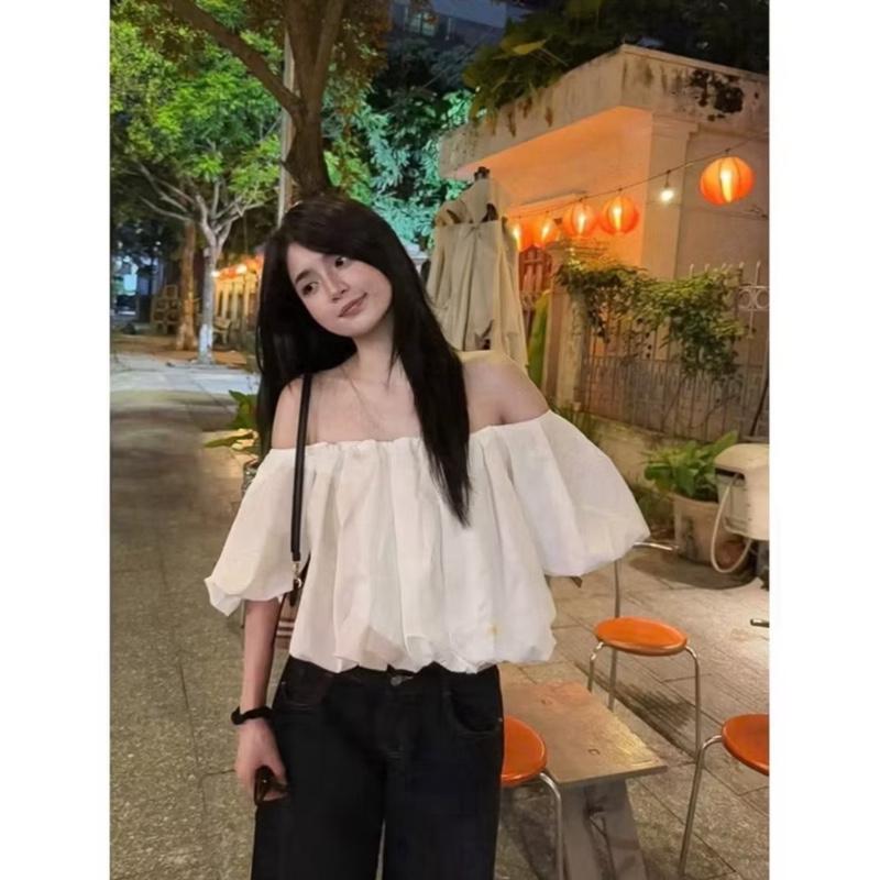 HỎA TỐC HCM A02 Áo Babydoll Trễ Vai Tay Bồng Dáng Ngắn Xòe Phong Cách Dễ Thương
