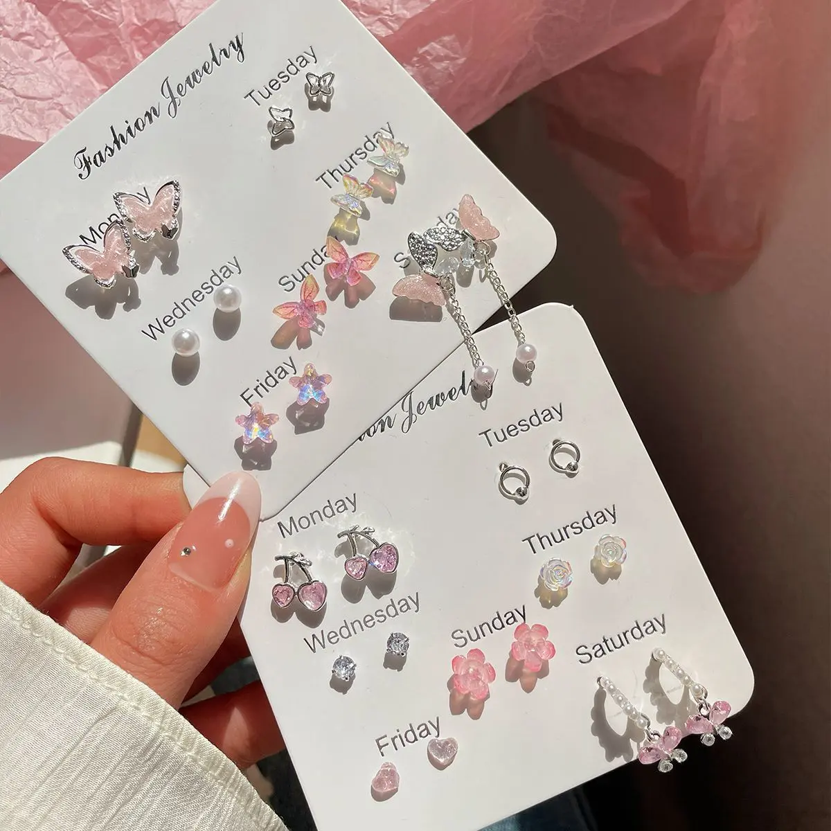 Bông Tai Đinh tán Zircon, Thiết Kế Hoa Anh Đào, Kim Bạc S925, Nhỏ Và Tinh Tế, Tươi Mới Và Tràn Đầy Khí Chất Nữ Tính, Bông Tai Bướm Màu Hồng Dễ Phối Đồ