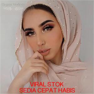 Selendang Wanita Premium Silk dengan Rantai Berlian Imitasi, Mutiara Berkualiti Tinggi, Songket Klasik Etnik, Hijab Voile Kapas Berbentuk Segi Empat, Sulaman Berlian Putih, Termasuk Klip Pengikat.