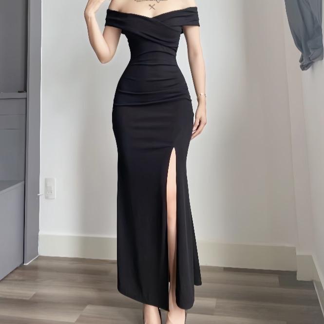  Đầm body nữ trễ vai cổ tim nhúng ôm eo thon gọn dáng dài đuôi cá xẻ tà sang chảnh Lolystore dress women HL100 