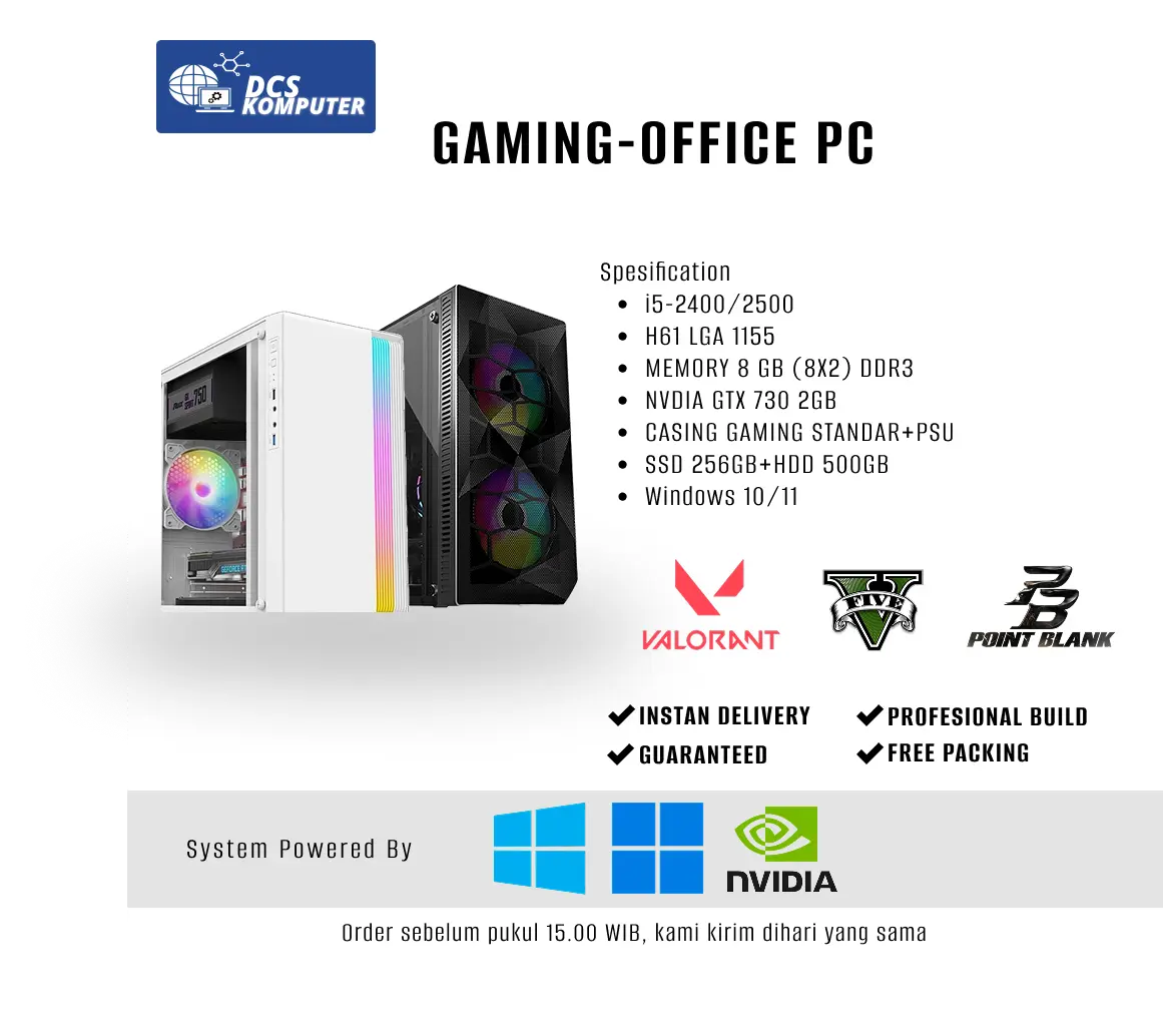 Pc Komputer Office Gaming Editing Fullset Core I5 2400 GT730 4GB Memory 16Gb Ssd Windows Hdd Fullset Monitor