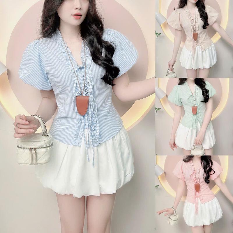 Áo sơ mi kẻ sọc nữ dáng tay bí chít eo dây cột nơ  xinh xắn trẻ trung  LAMO- B1428