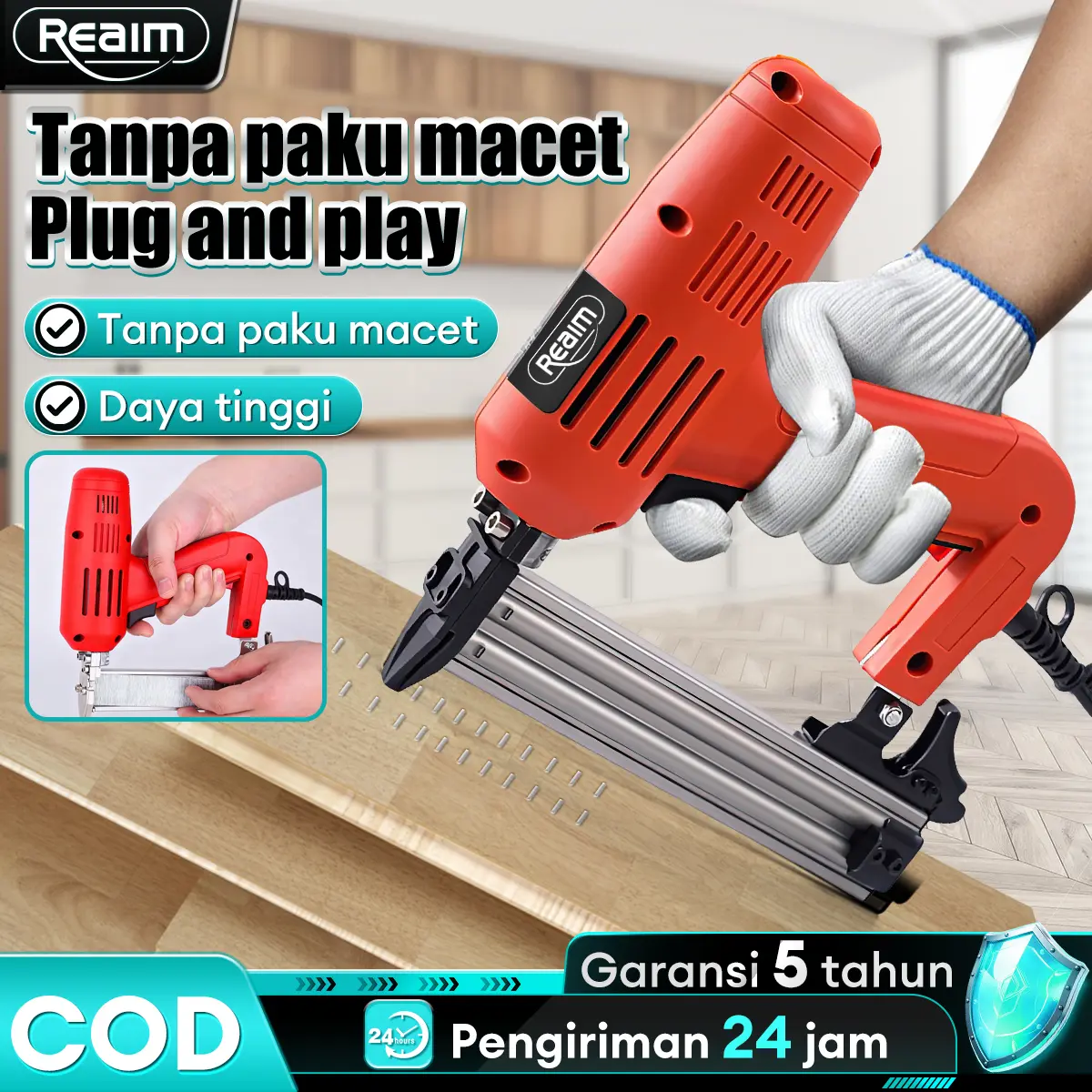 REAIM Electric Nailer F30 - Mesin Paku Tembak Listrik 1800W [Staples 15-50mm]Cocok untuk Mebel, Dekorasi & Konstruksi - Garansi 5 Tahun