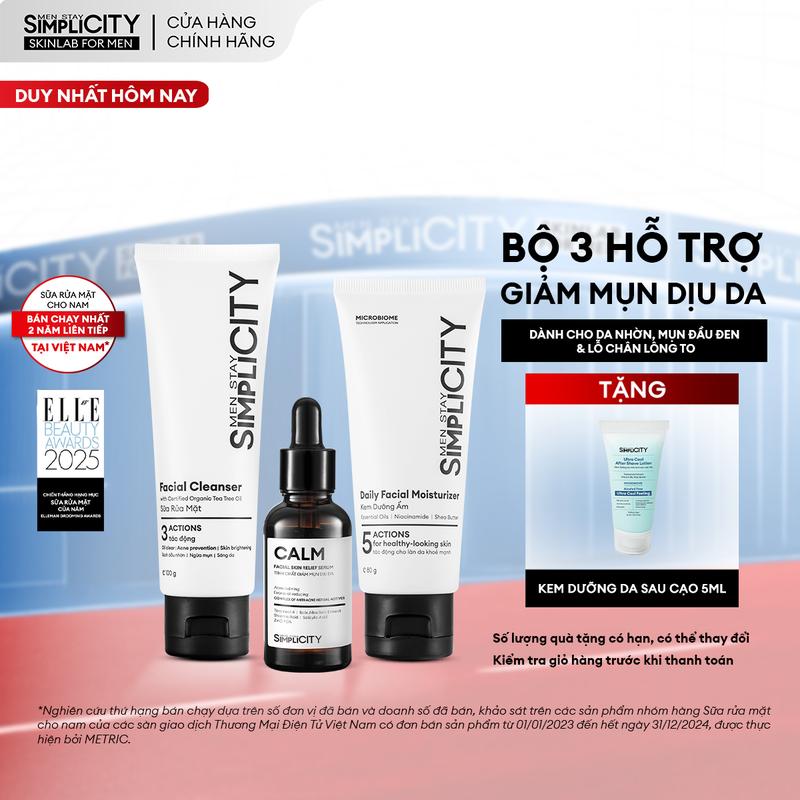Bộ sản phẩm hỗ trợ chăm sóc da mụn nhẹ & vừa cho nam Men Stay Simplicity Acne Relief Skincare Trio gồm: Sữa rửa mặt 100g, Serum Calm 30ml & Kem dưỡng ẩm 80g