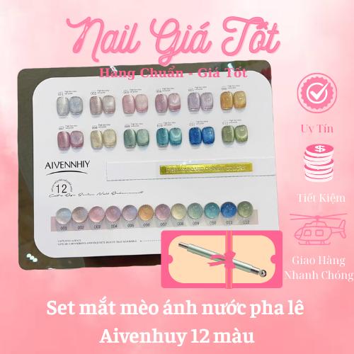  Set mắt mèo AIVENHUY chính hãng - Set mắt mèo pha lê 12 màu siêu sáng   tặng bảng màu + thanh hút     Nail Giá Tốt   