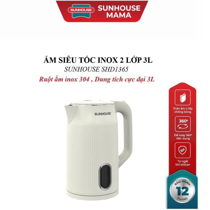 ẤM SIÊU TỐC INOX 2 LỚP 3L SUNHOUSE SHD1365, Ruột ấm Inox 304 , Công suất lớn 1700W, Dung tích cực đại 3L