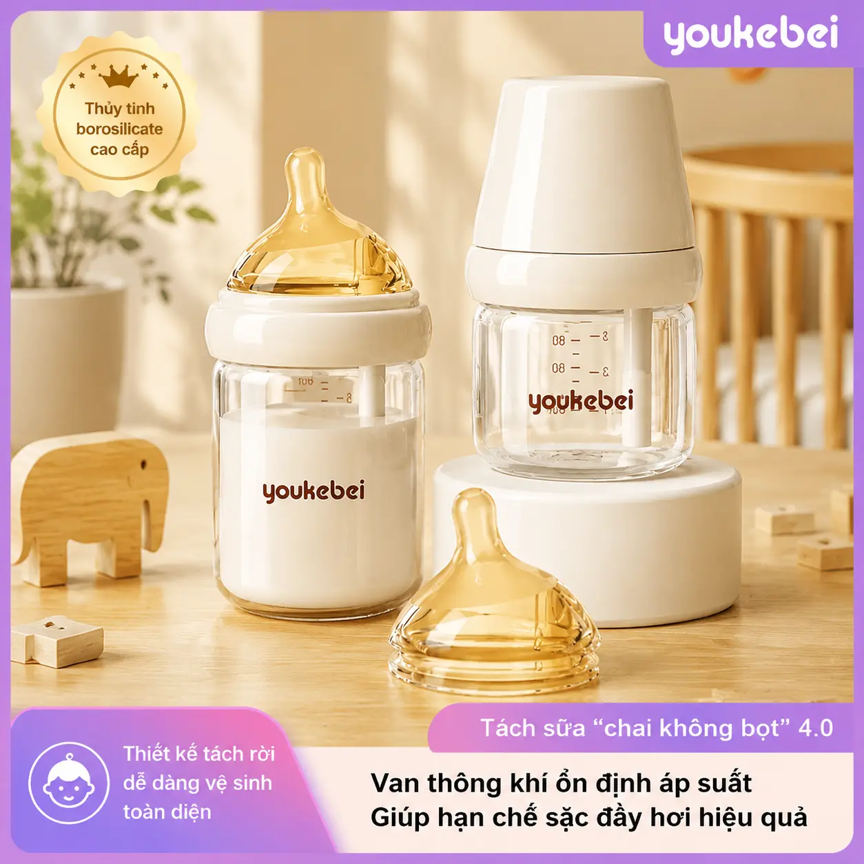 Youkebei Bình sữa trẻ Em Bé hàng đầu, có tính năng chống đầy hơi, có các kích cỡ 80 / 160ml