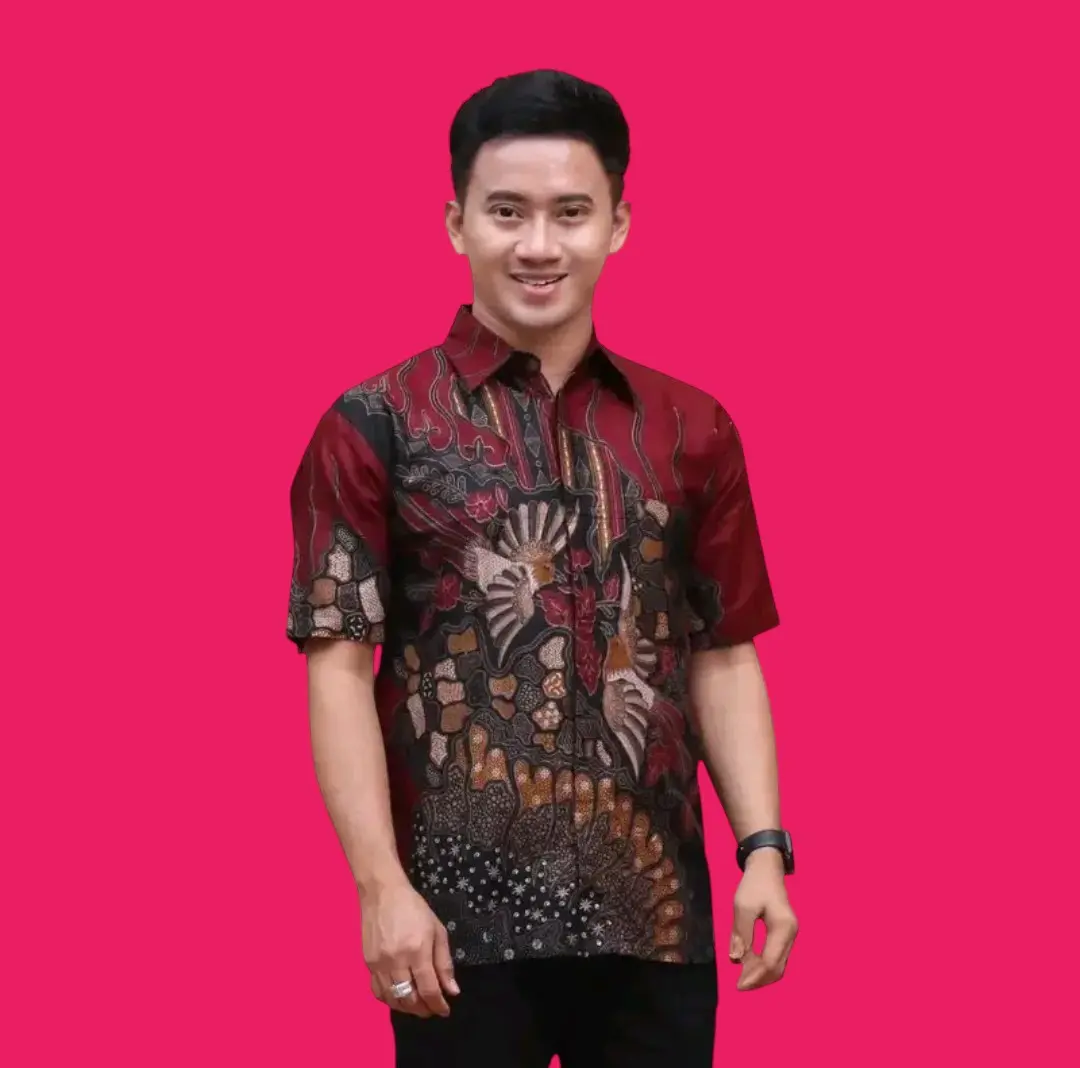 (Motif Manuk Tarung  Merah Maroon Pendek) Kemeja Batik Lengan Pendek Pria Dewasa - Baju Batik Pria