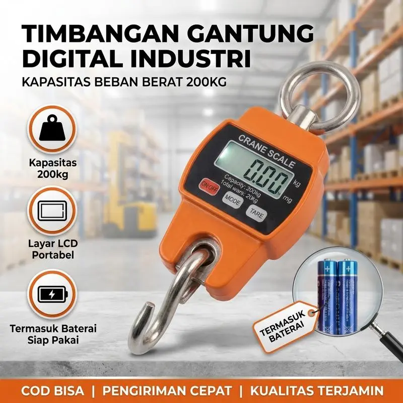 Timbangan Gantung Digital Mini 200kg untuk Keperluan Industri Timbangan Gantung Elektronik dengan Layar LCD dan Termasuk Baterai