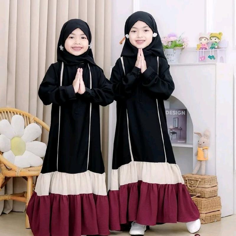 Gamis Lebaran Anak Perempuan Simple Elegan Untuk Anak Usia 6 7 8 9 Tahun Fahira Kids Abaya Set Hijab Bahan Crinkle Resleting Depan Bagian Tangan Karet Pakaian Muslim Anak Perempuan Kekinian 1