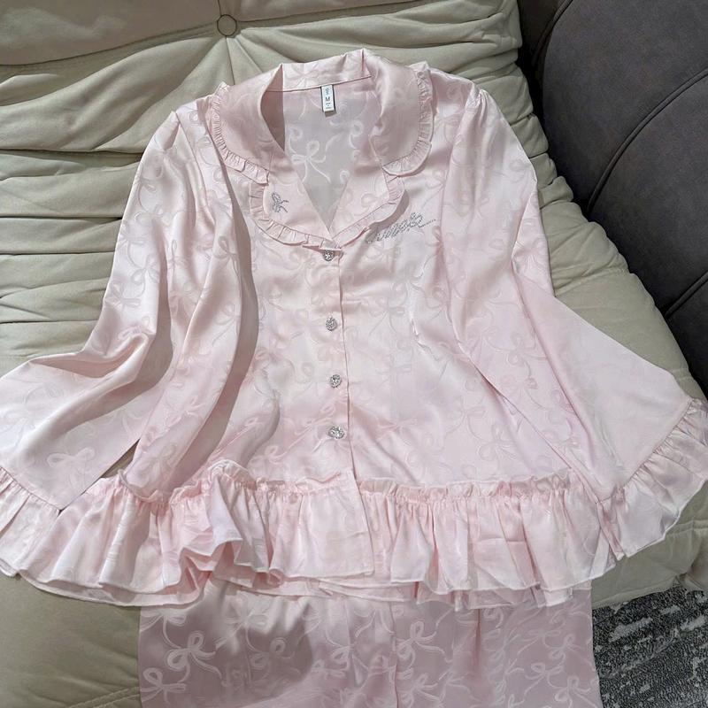 N361- Pijama dài tay lụa vân gấm nơ cúc ngọc đá cho nữ(women)- Bộ ngủ mặc nhà hàng quảng châu cao cấp