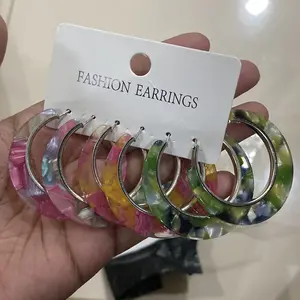 6 Pasang Anting Fashion Wanita Anting Hoop Akrilik Model Mix Warna-Warni Desain Marble Korean Simple Cute Ring Earrings Bulat