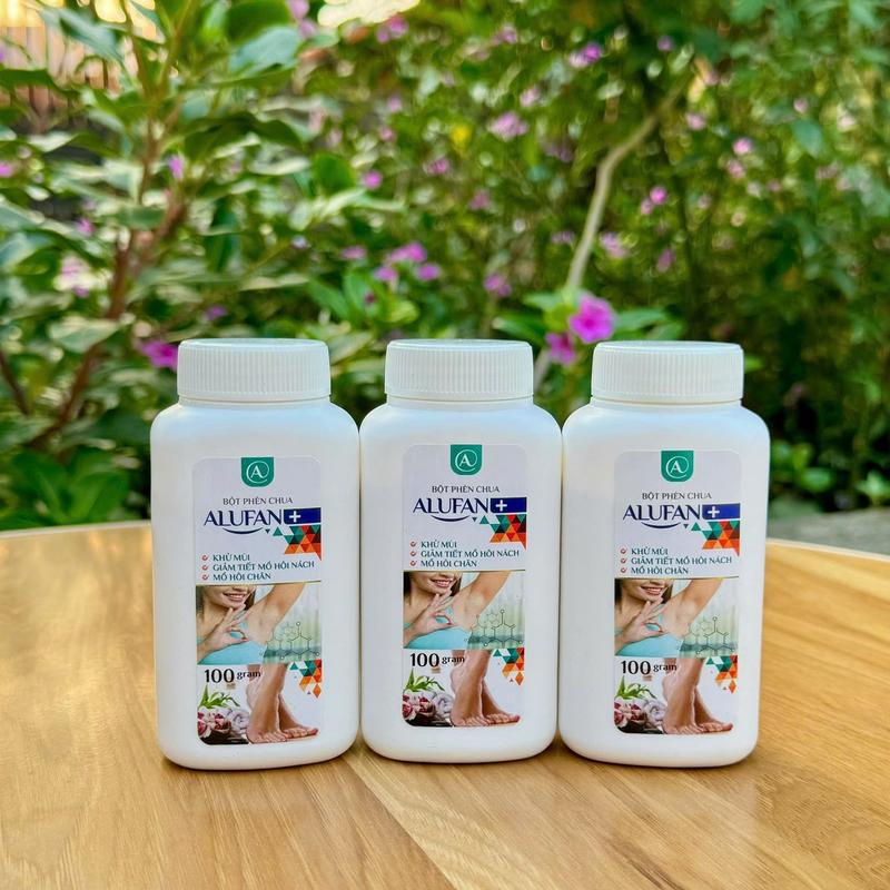 Combo 3 hộp bột phèn chua Alufan+ lọ đầu rắc 100g, khử mùi hôi nách, hôi chân
