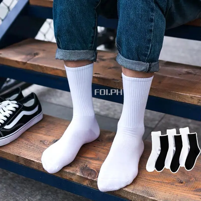 Firstrich-WZ7A5330 [Ready Stock] Men's Long Sports Socks Cotton Plain Black/White for boys for students 1 pair Cod