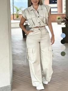 Conjunto de dos piezas para mujer con top tipo tank sólido con botones al frente y pantalones cargo, casual, de moda y cómodo para uso diario al aire libre, ropa de verano para damas