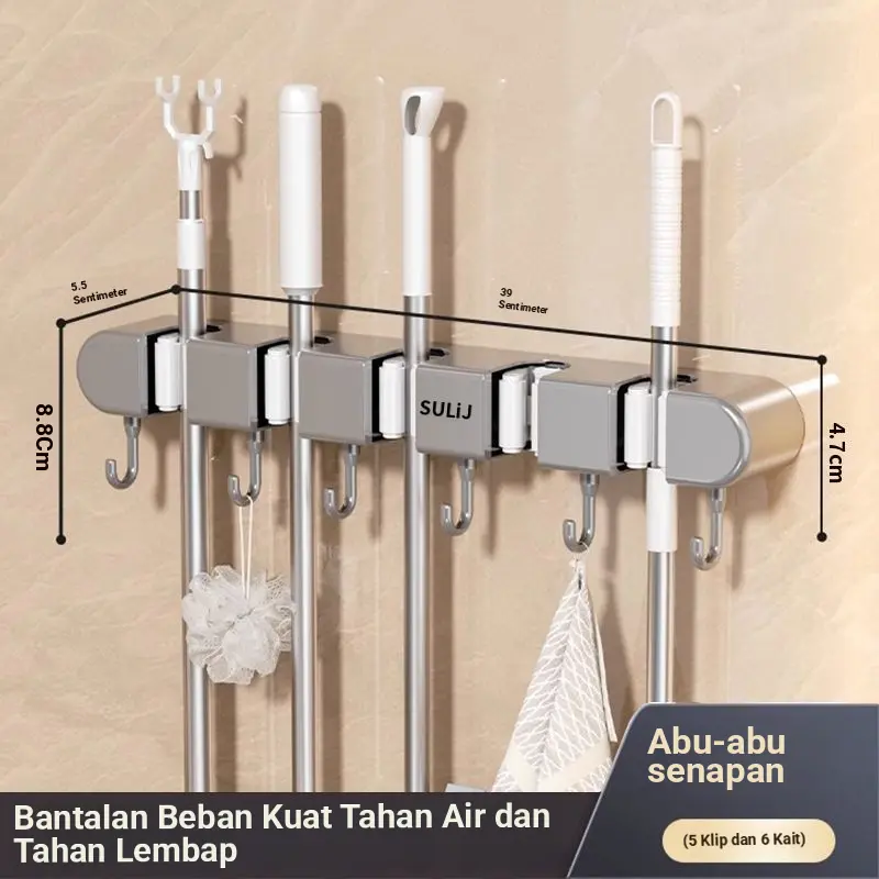 SULiJ Gantungan Sapu Dan Alat Pel Dinding Holder Mop Organizer 5 Klip 6 Kait Abu-abu Senapan Kuat Tahan Air Tanpa Bor