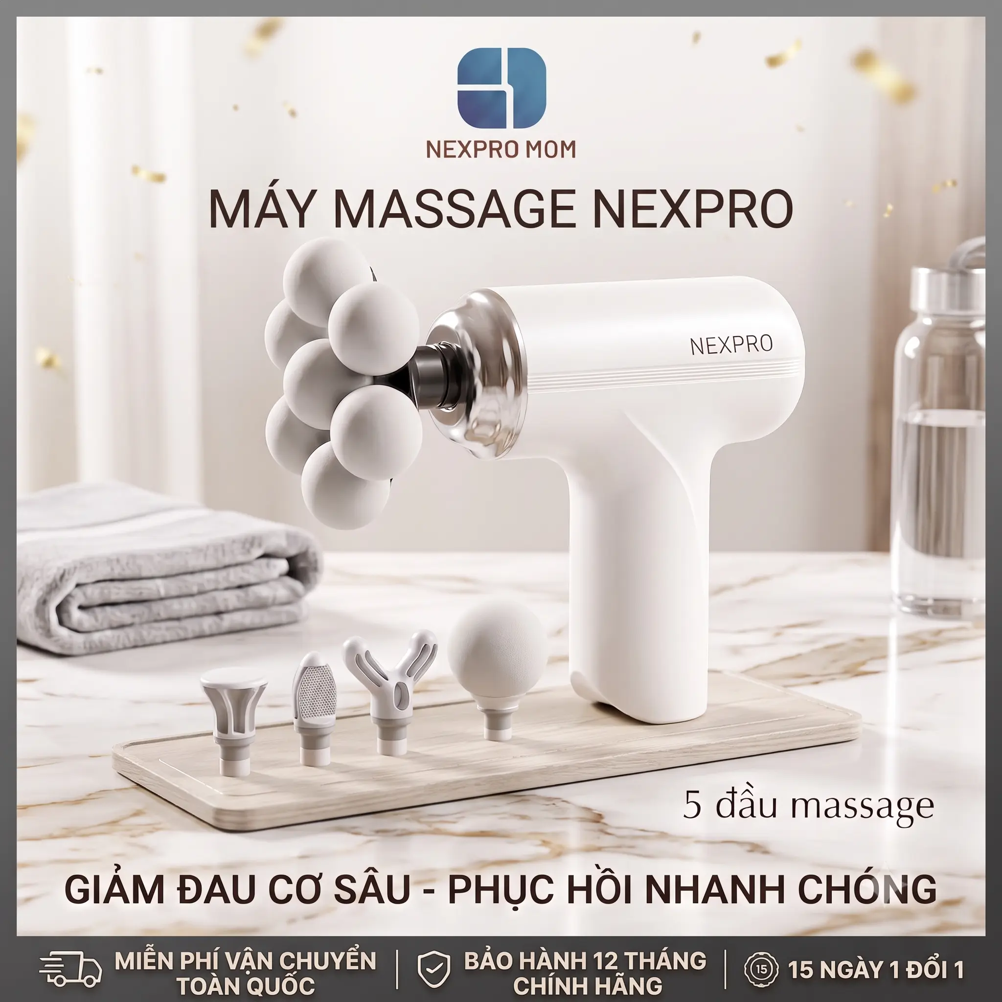 Máy massage cầm tay NEXPRO Phiên bản 5 đầu , 4 đầu mới - Công Nghệ AI Cảm Biến Lực dung lượng pin cao - Bảo Hành 12 tháng