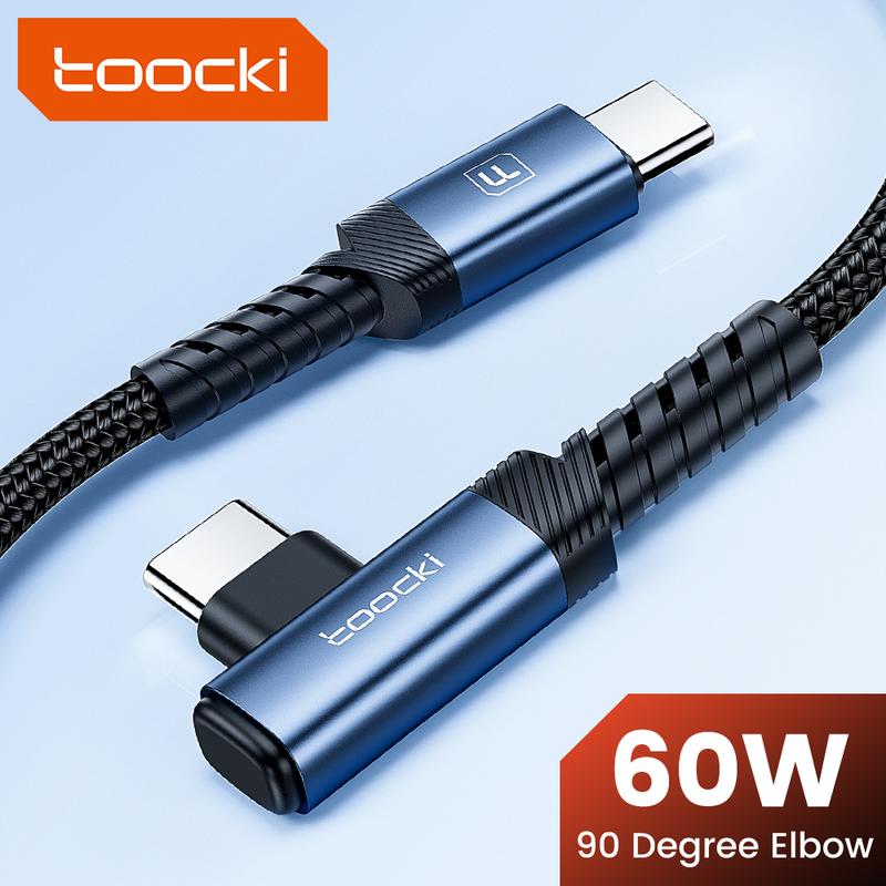 Toocki 100W/60W Type C To Type C Cable Fast Charging USB To Type-C Charger Cord 90 Degree Elbow PD Data Wire 2-in-1 A/C To C Elbow Braided Wire 1