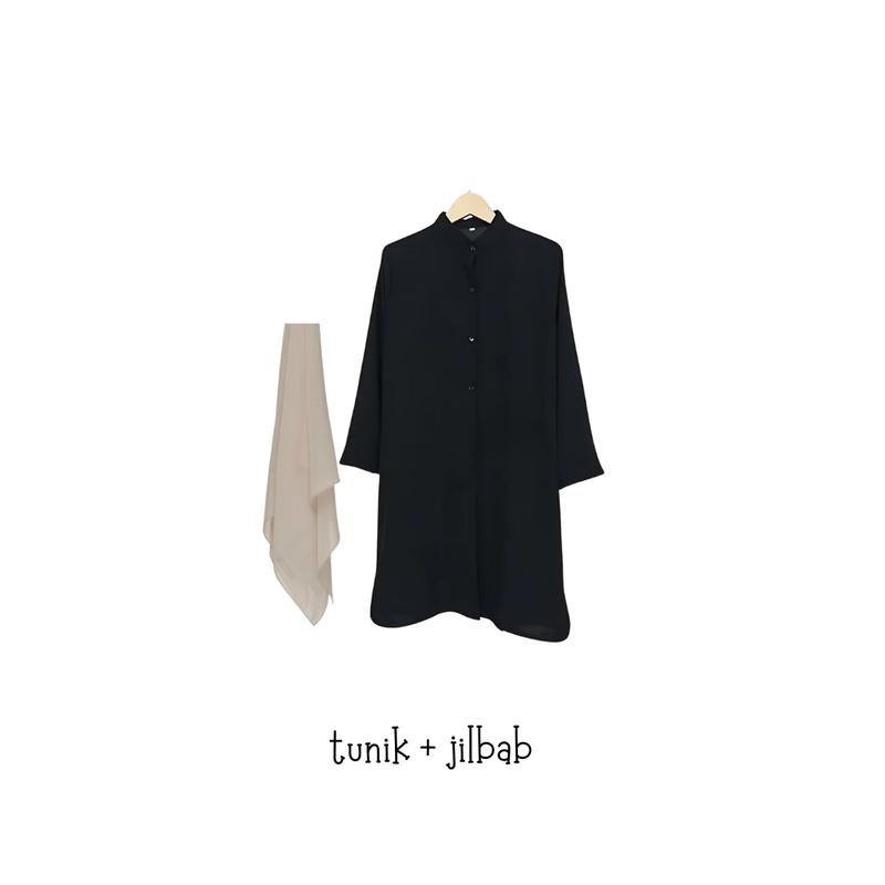 oneset 3in1 tunik hitam rok payung vanilla jilbab bella | perempuan wanita cewek ootd hijab casual hangout pantai piknik kuliah bukber lebaran korean style HK72 MURAH 4