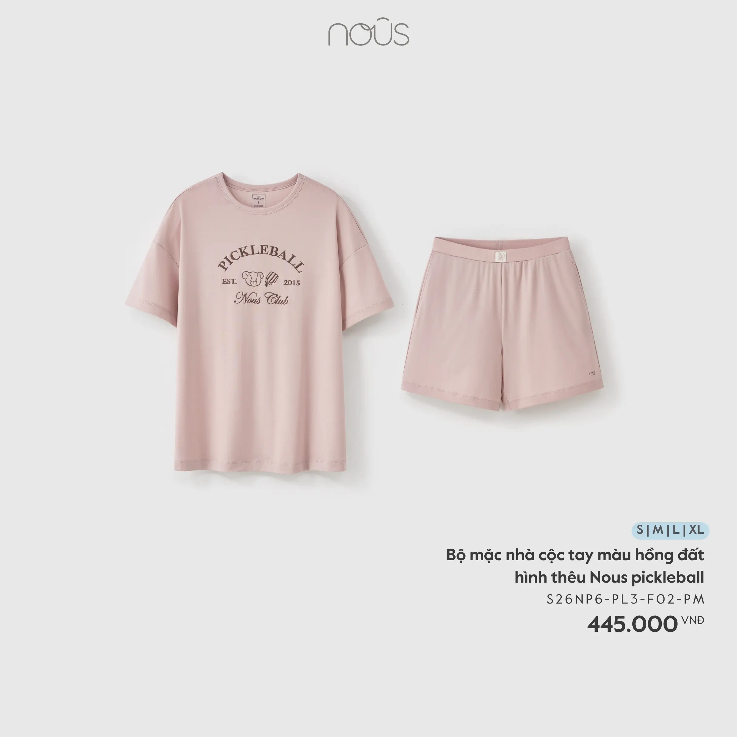 Bộ mặc nhà cộc tay màu hồng đất hình thêu Nous pickleball