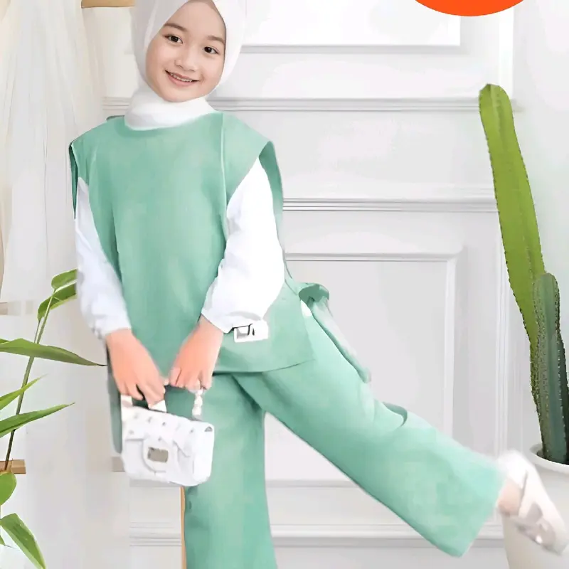 Setelan baju muslim anak perempuan/cewek viral 3-12thn-baju anak terbaru baju anak termurah Nyaman Kaos Panjang Kerudung 1